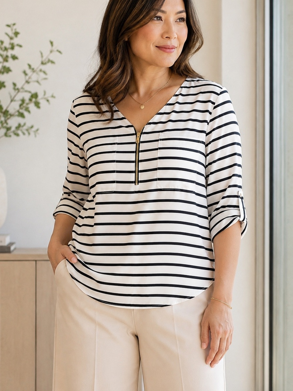 Calvin Klein White and Black Striped V-Neck Zip Blouse